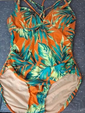 Merona Tropical Orange Leaf One-Piece Swimsuit size large